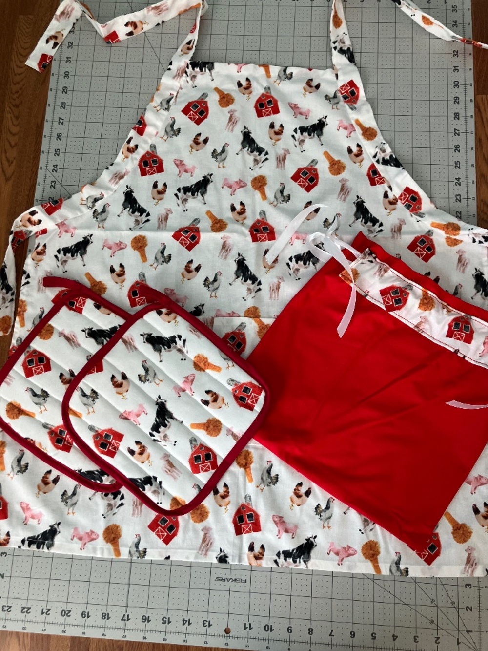 Homemade Apron Set with Matching Potholders and Bag